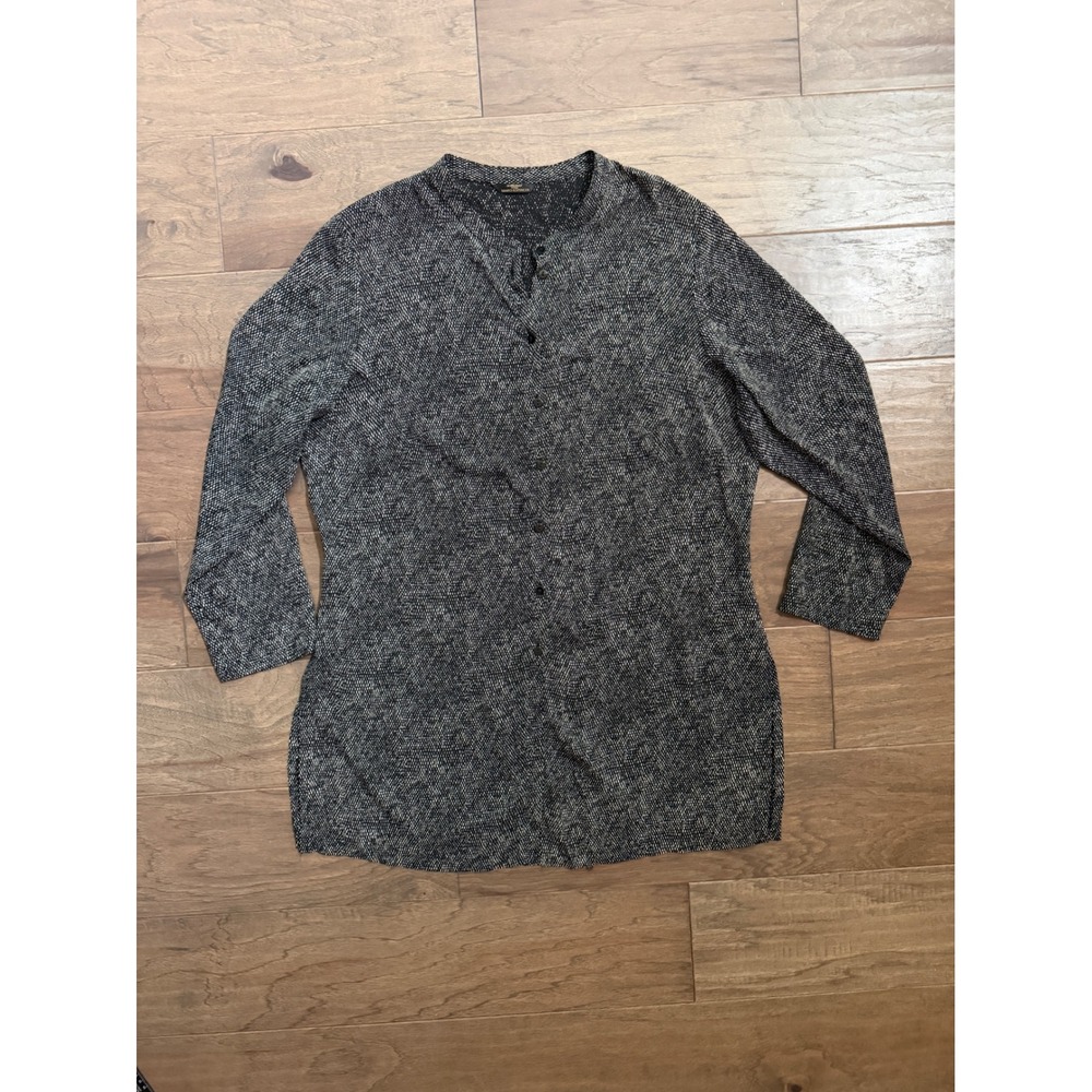 Vintage St Michael Blouse Women 14 Black Viscose Dotted Button Up
